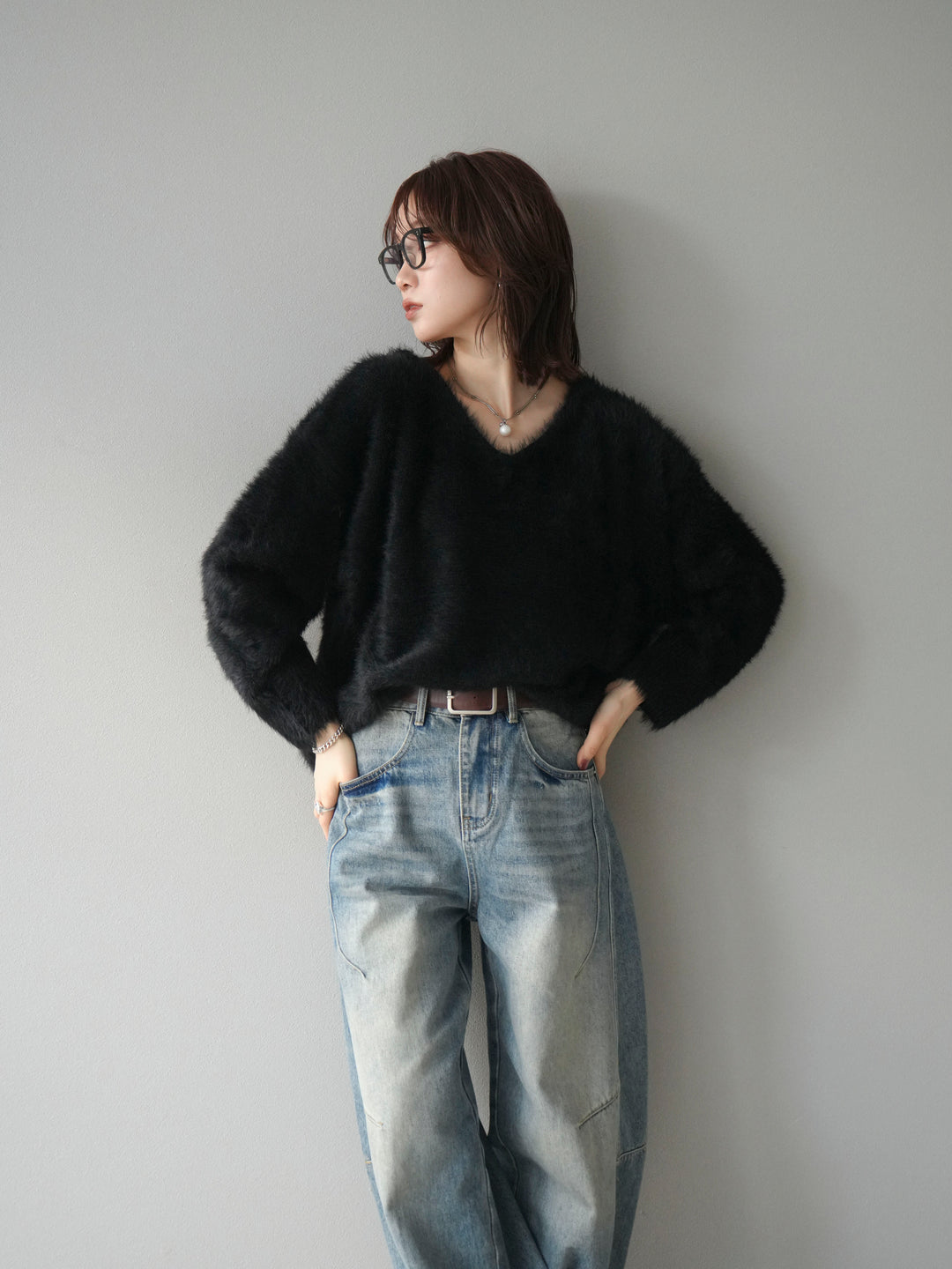 [予約]バックリボンVネックシャギーニットプルオーバー/black