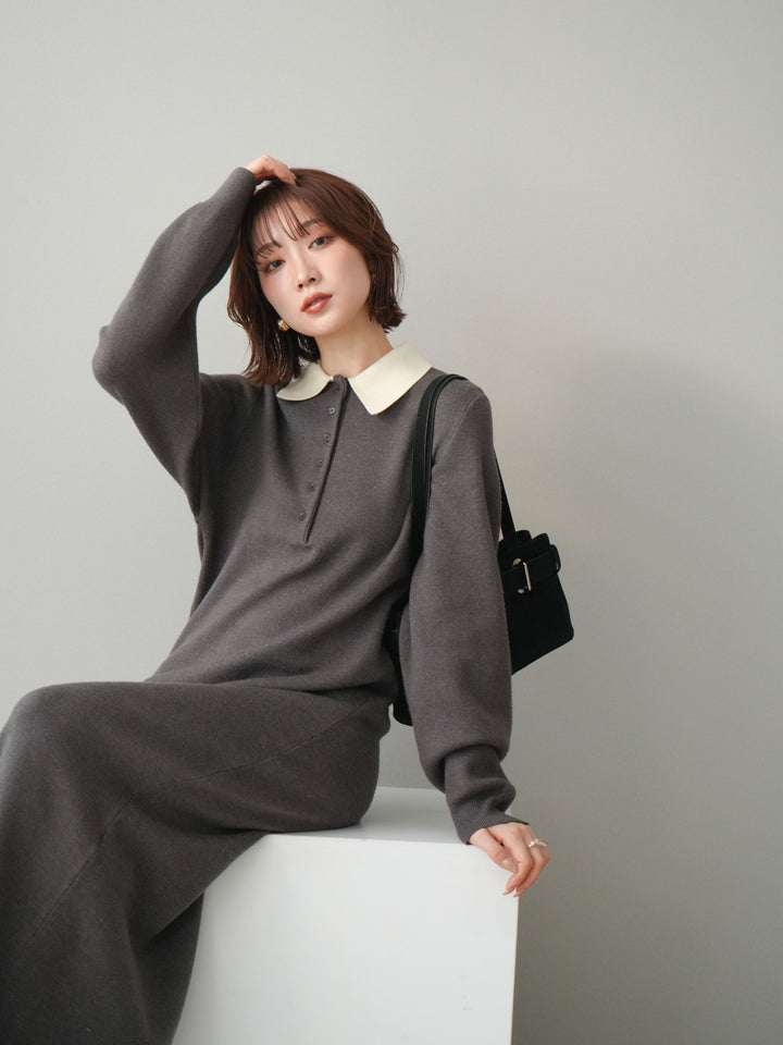 [予約]配色ポロニットワンピース/charcoal