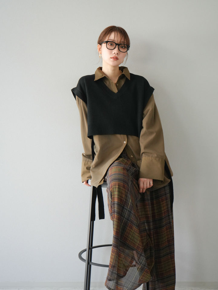 [予約]サイドリボンVネックショートニットベスト/ブラック