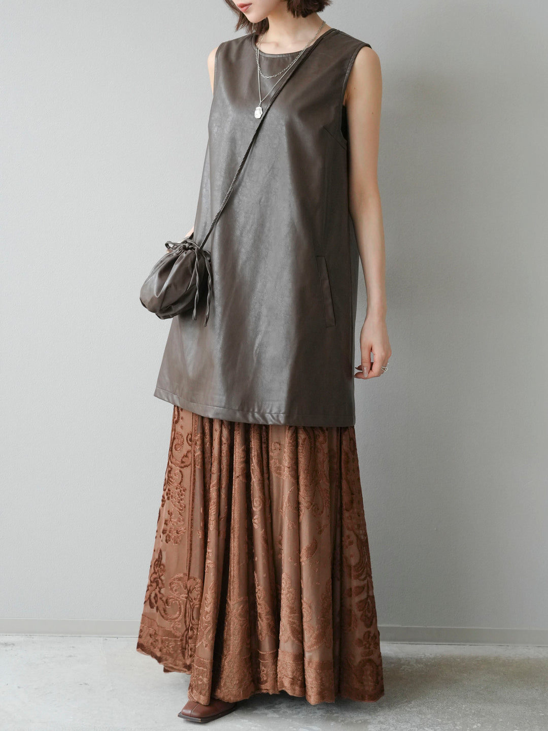 [予約]アンティーク柄フロッキーマキシスカート/ブラウン