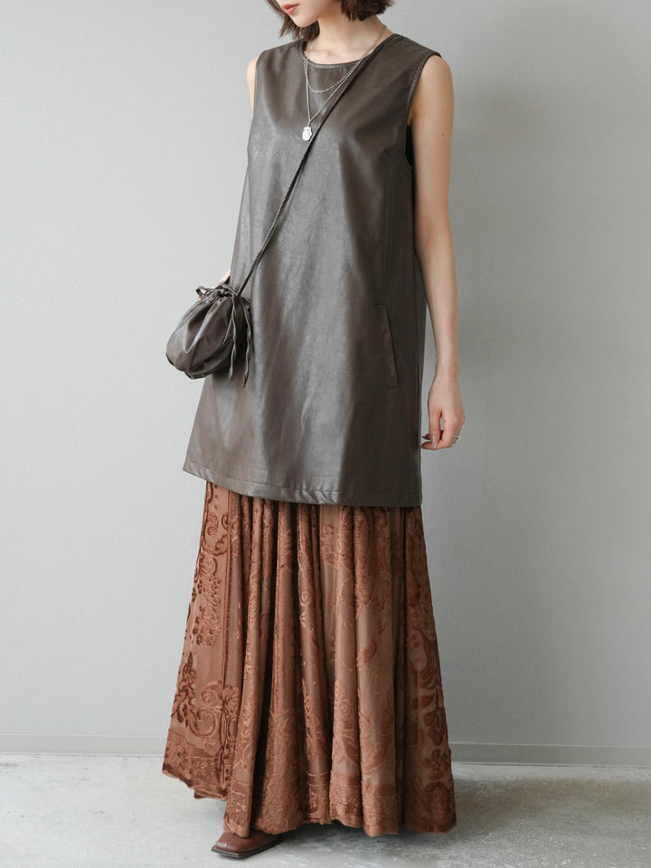 [予約]アンティーク柄フロッキーマキシスカート/ブラウン