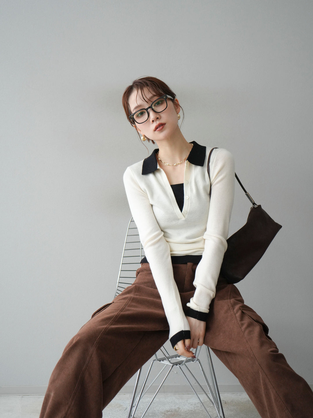 [予約]レイヤード配色ポロニットトップス/beige