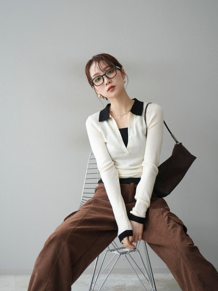 [予約]レイヤード配色ポロニットトップス/beige