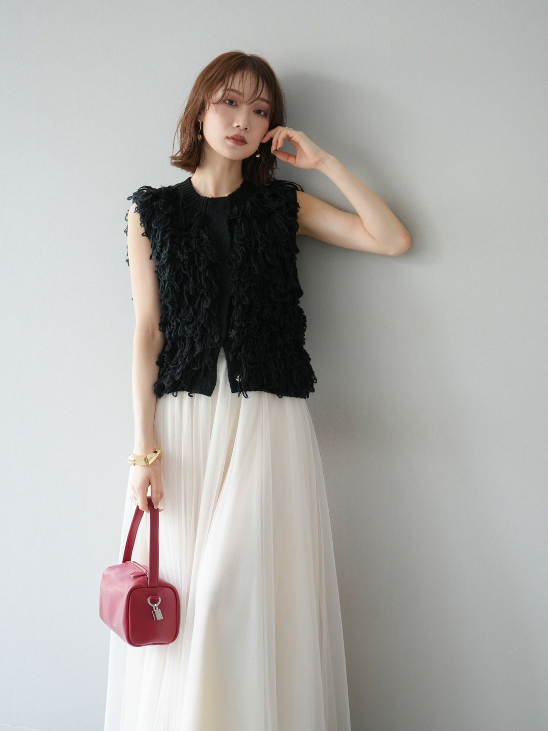 [SET] 前開衩針織背心 + 薄紗蓬鬆裙 (2 件套)