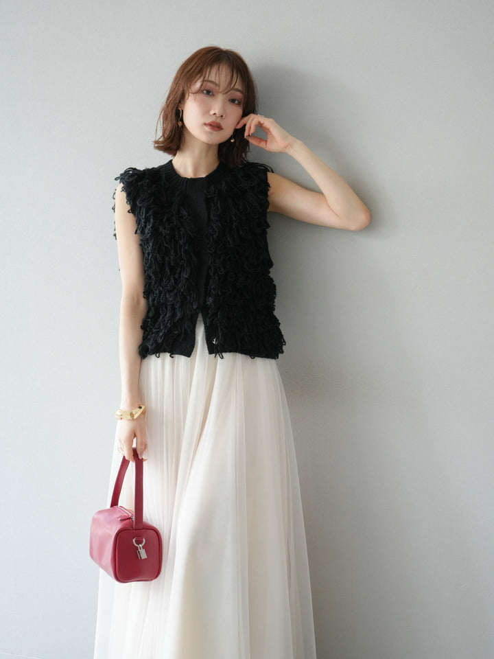 [SET] 前開衩針織背心 + 薄紗蓬鬆裙 (2 件套)