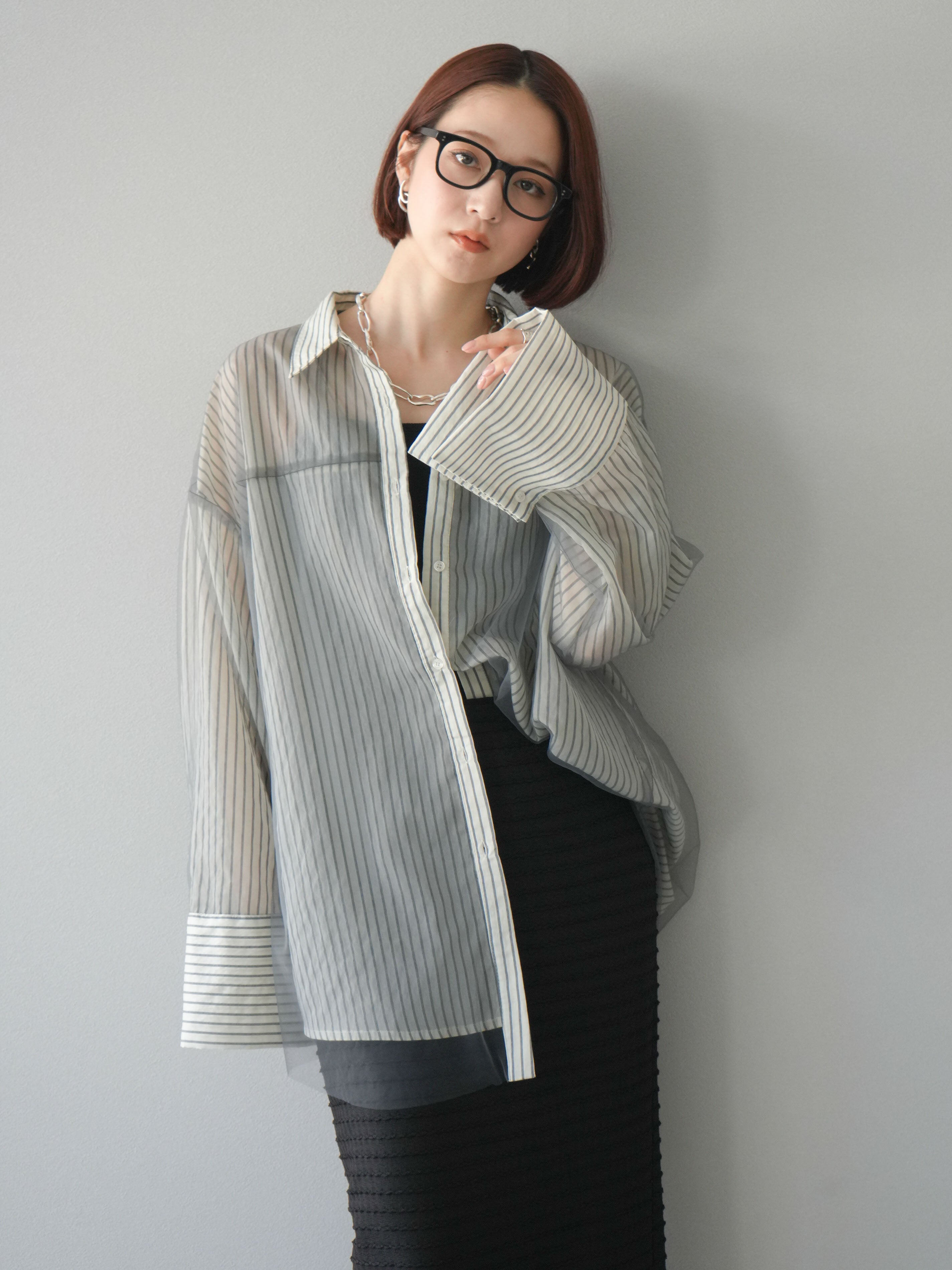 新品　BLATE シアーストライプオーバーカフスシャツ シアーストライプシャツ | BLATE