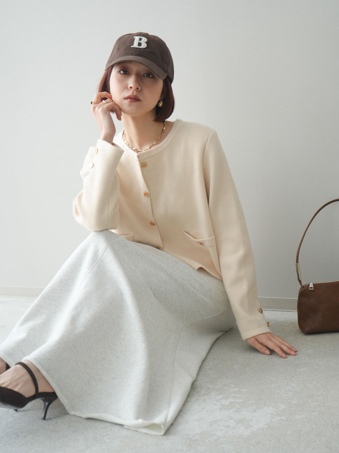 [SET]ゴールドボタンノーカラーニットジャケット+選べるアクセセット(2set)