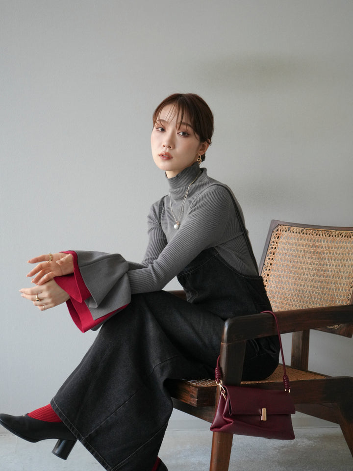 [予約]レイヤードフレアスリーブハイネックニットトップス/グレー