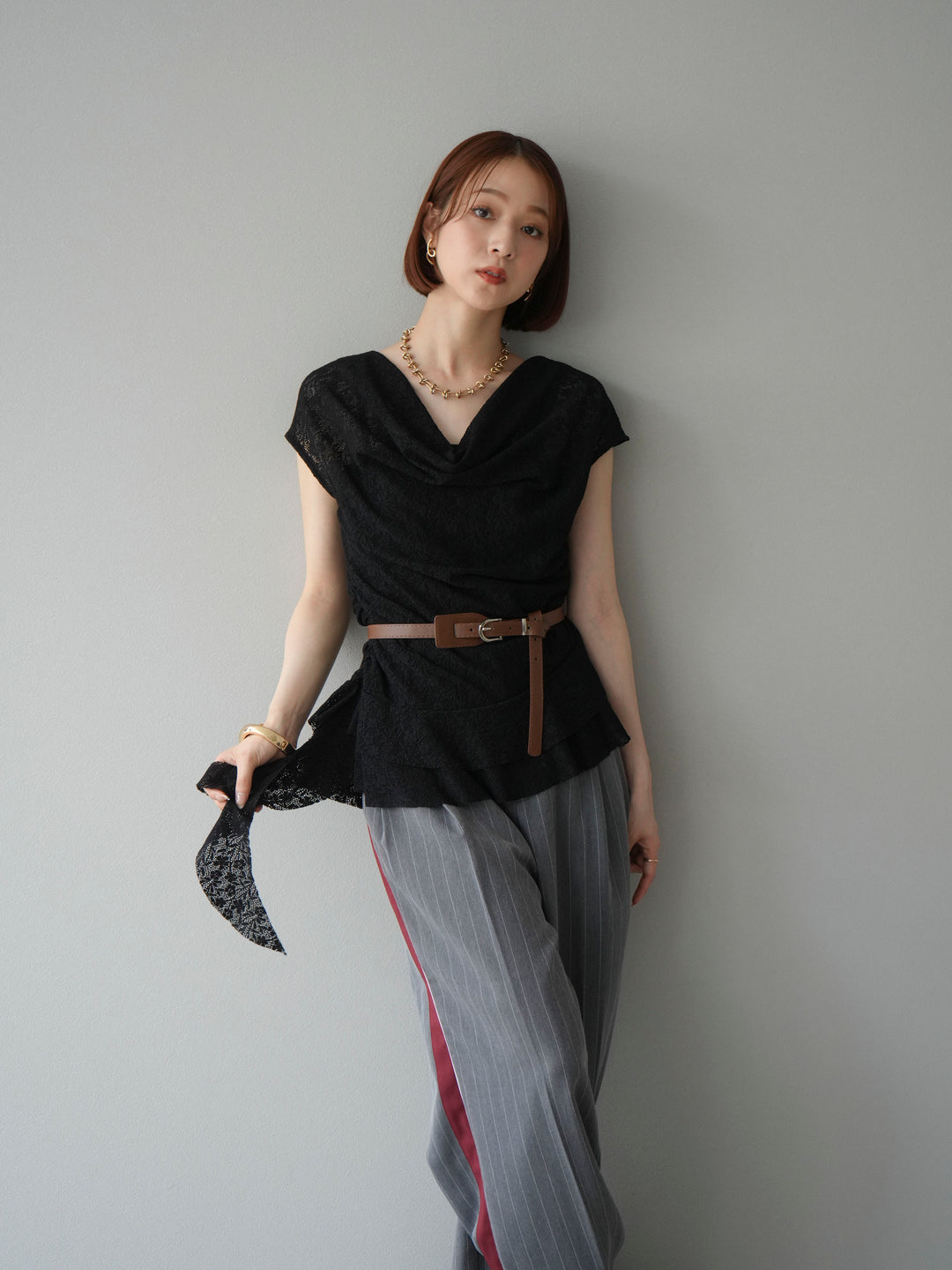 [予約]サイドラインストライプワイドパンツ/グレー