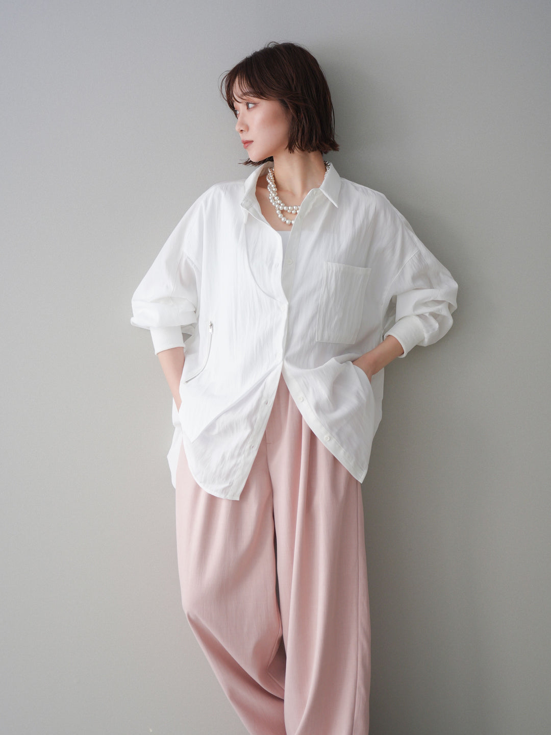 [予約]リブカフスアシンメトリーZIPデザインオーバーシャツ/offwhite
