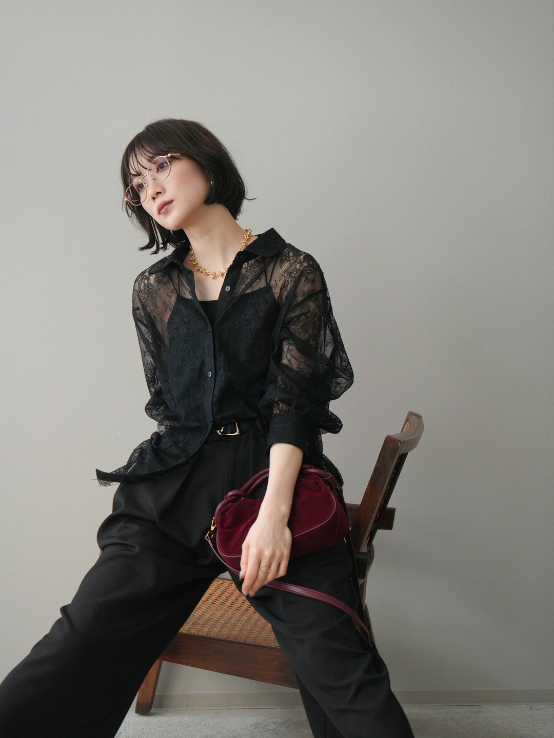 [予約]総レースボリュームスリーブシャツ/black