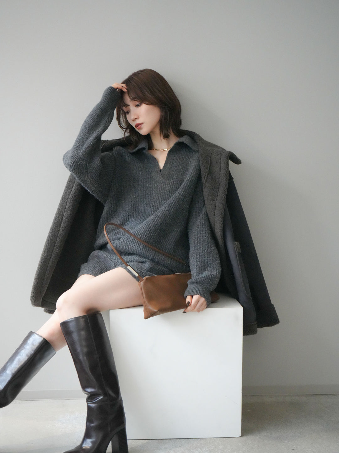 [SET]ポロニットプルオーバー＆ショートパンツSET UP+スタンドネックフェイクムートンミディアムコート(2set)