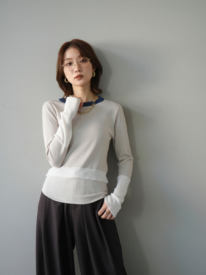 [予約]異素材配色デザインニットトップス/アイボリー
