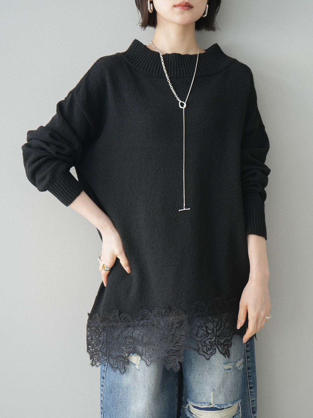 [SET]アシンメトリーレースヘムニットプルオーバー+選べるアクセセット(2set)