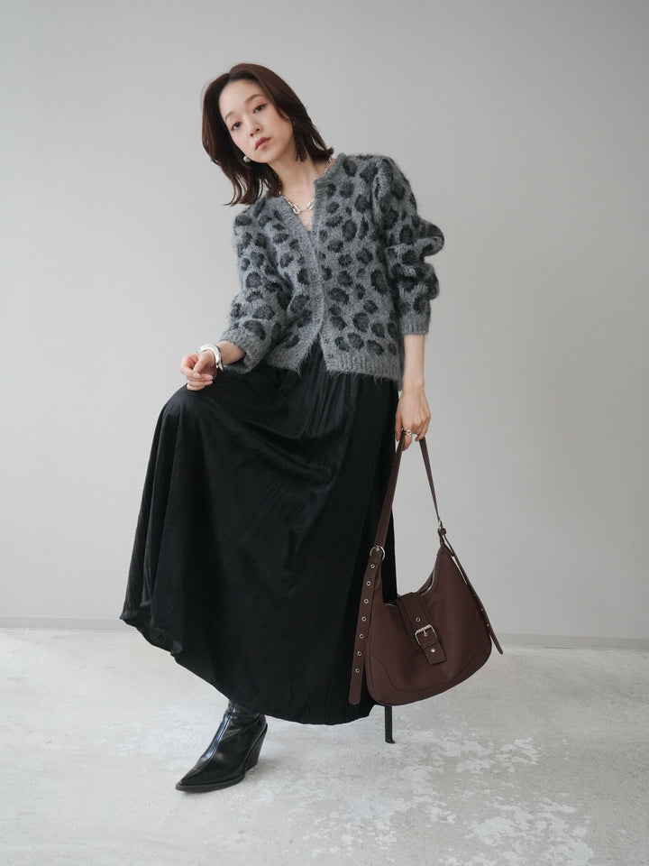 [SET]モヘアタッチレオパード柄ニットカーディガン+ワッシャーベロアプリーツスカート(2set)