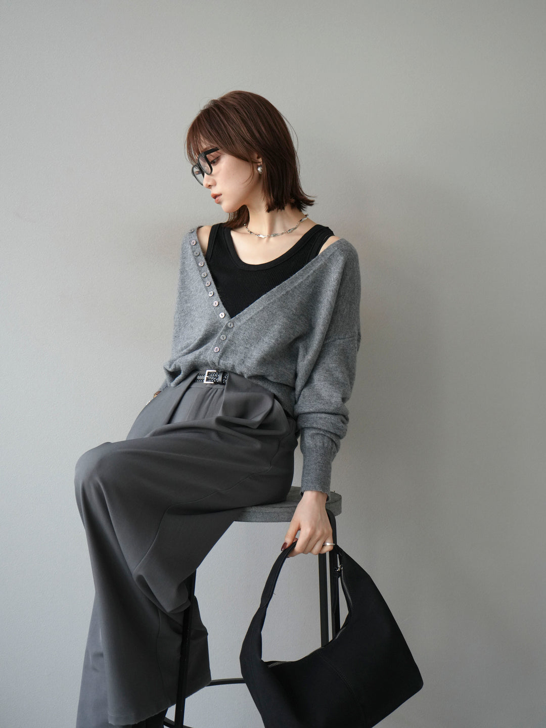 [予約]デザインボタンニットカーディガン＆タンクトップSET/グレー