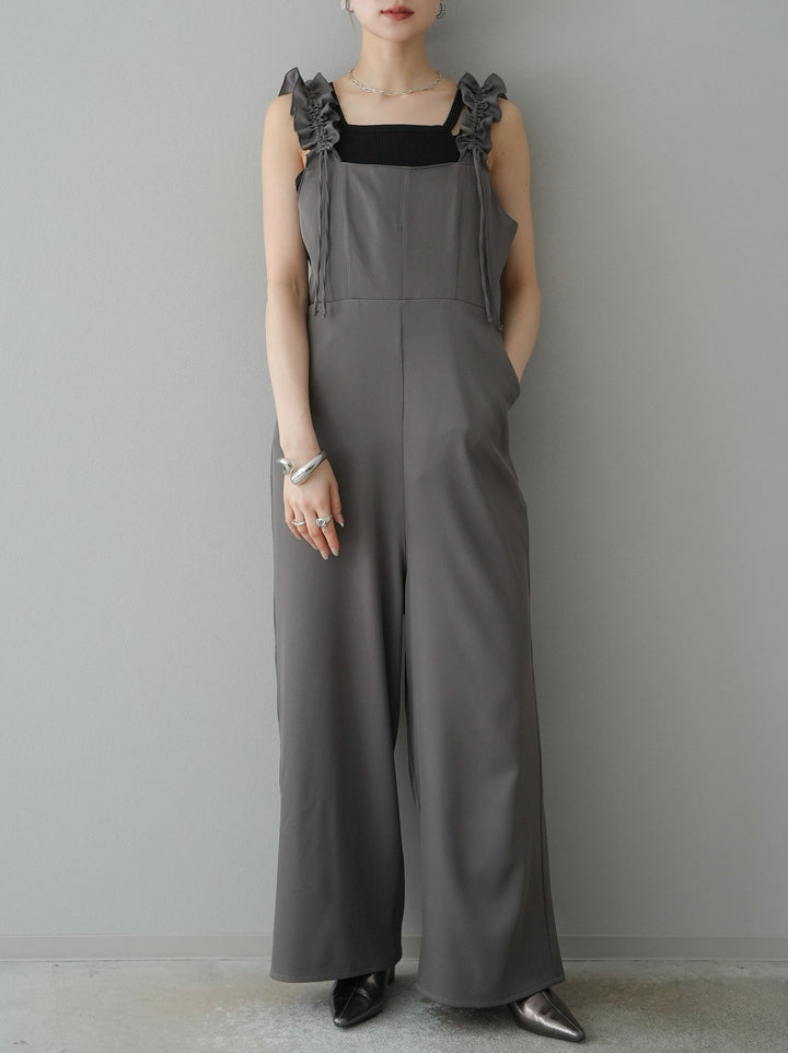 [預訂] 繫帶荷葉邊連身衣/灰色
