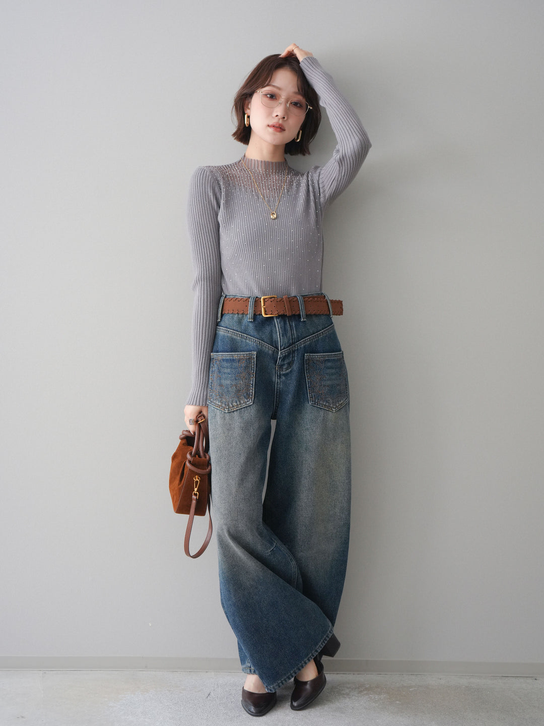 [SET]シアー切替スパンコールリブニットトップス+ベルト付ポケット刺繍カーブデニムパンツ(2set)