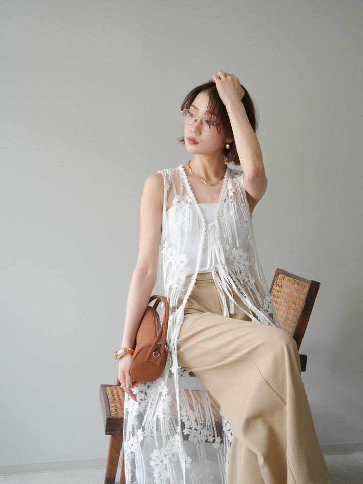 【套裝】設計師蕾絲長洋裝背心+內建胸罩的羅紋抹胸吊帶衫（兩件套）