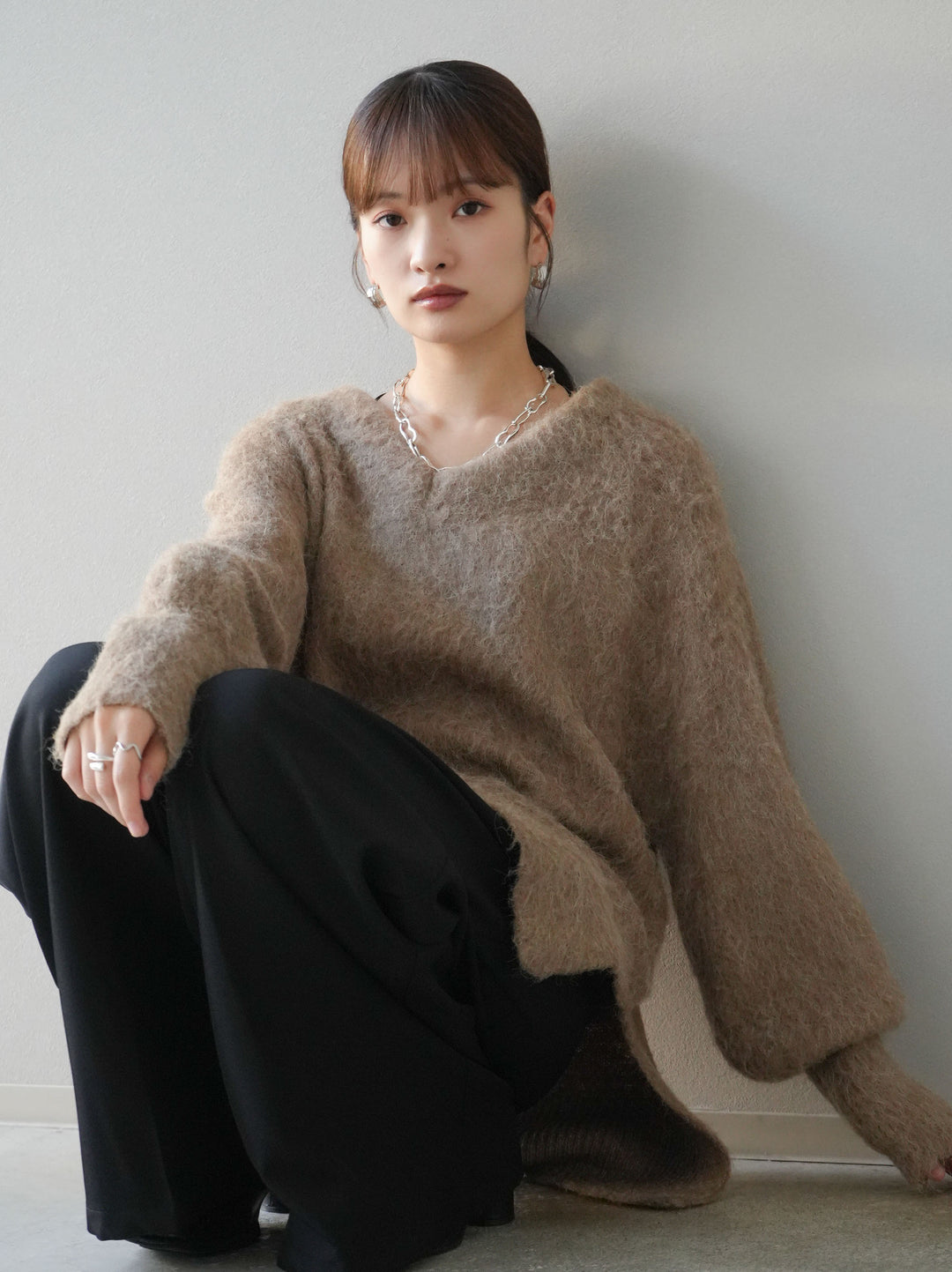 [予約]Vネックオーバーモヘアニットプルオーバー/モカ