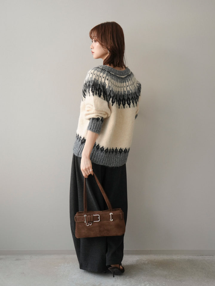 [SET]トグルボタン求心柄ニットカーディガン+ウエストベルトカーブラインスエットパンツ(2set)