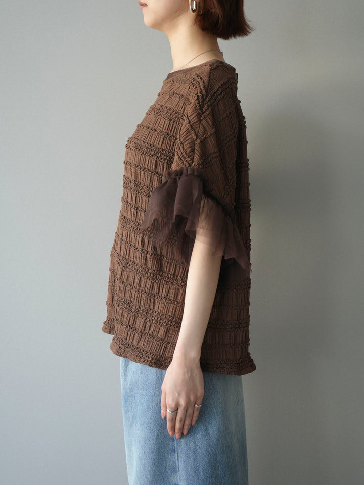 [予約]チュール袖リップルトップス/brown