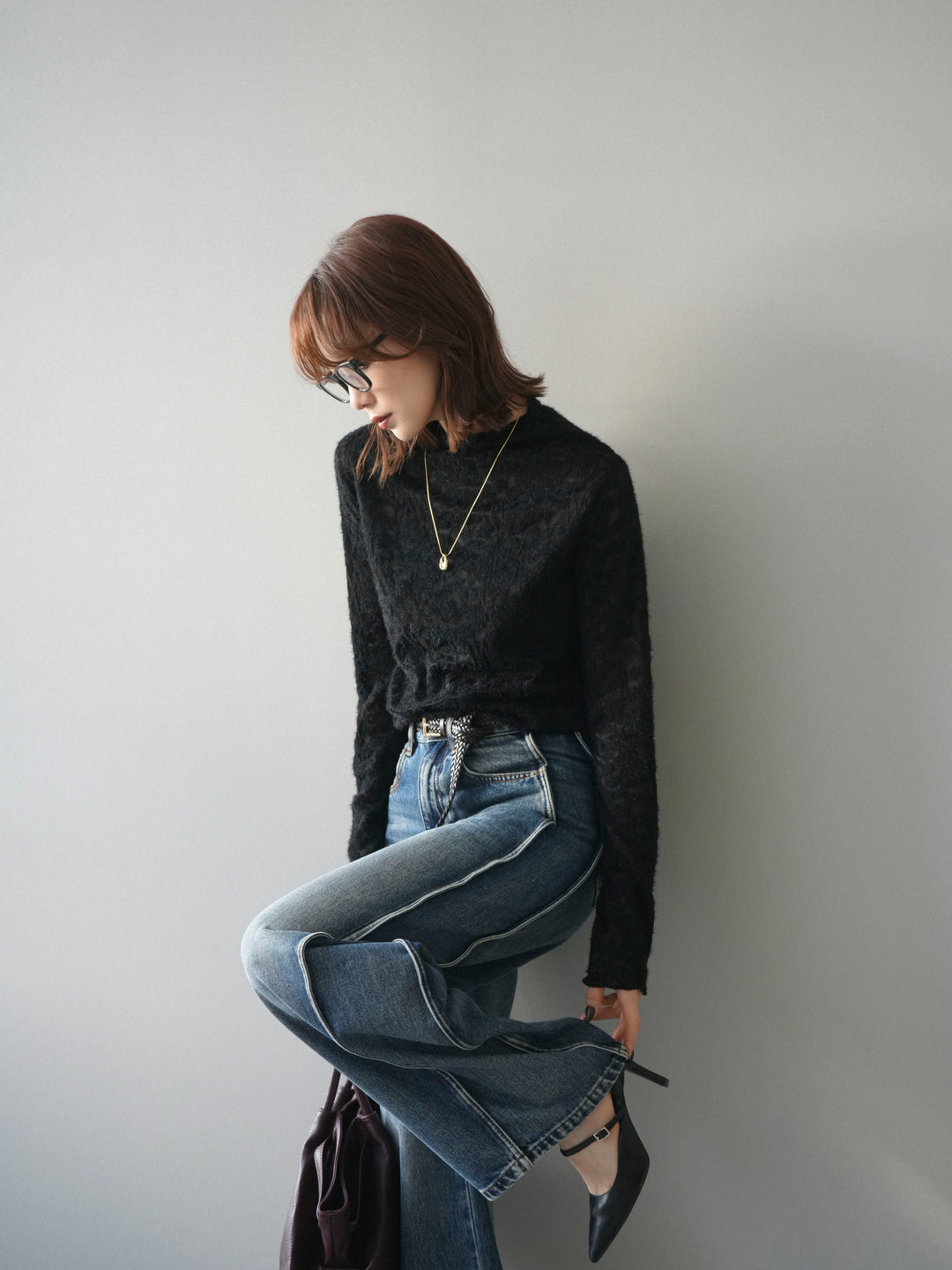 [予約]起毛レースプチネックトップス/black