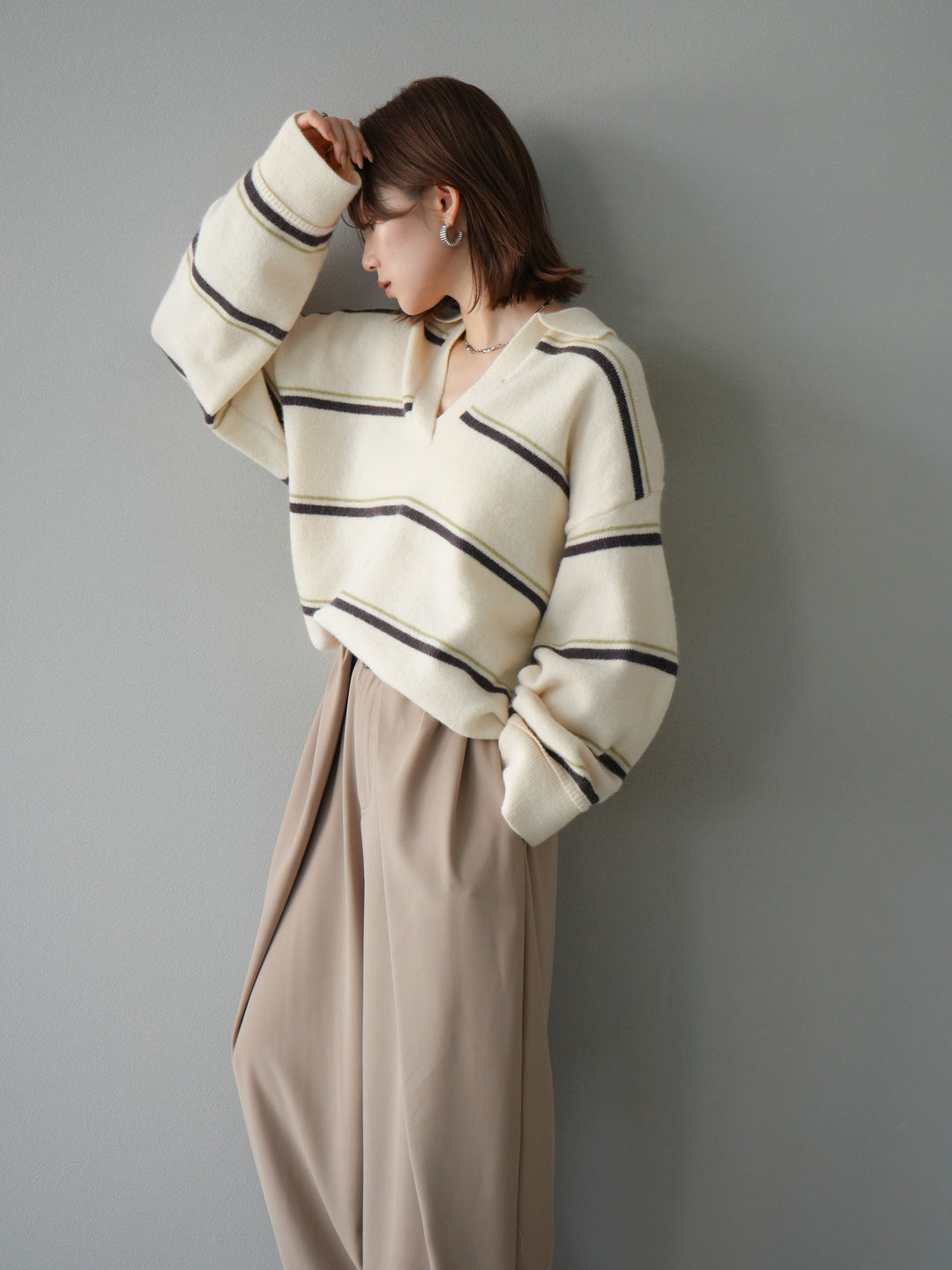 [予約]ポロ襟スキッパーボーダーニットプルオーバー/アイボリー