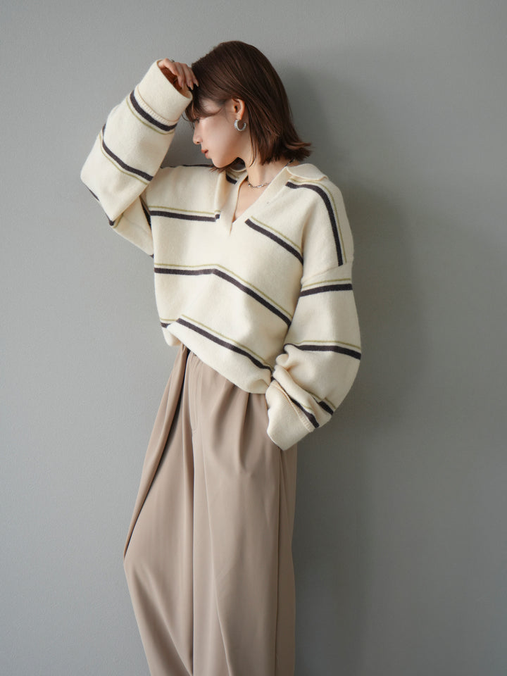 [予約]ポロ襟スキッパーボーダーニットプルオーバー/アイボリー