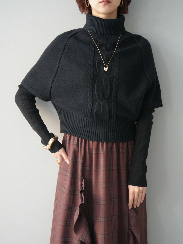 [予約]ケーブル編みタートルハーフスリーブニットアンサンブル/black