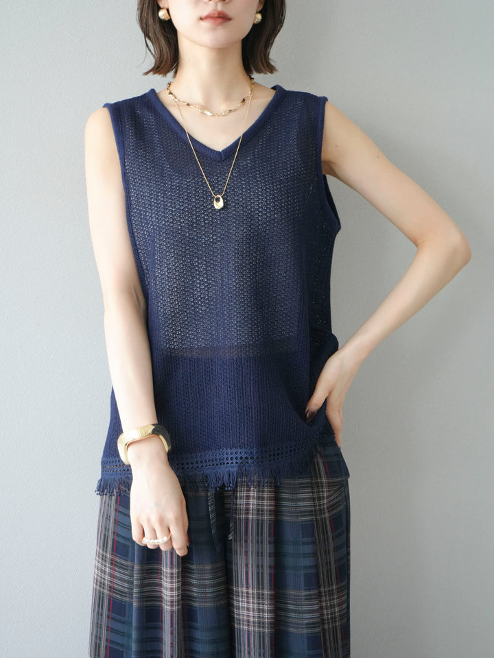 [予約]裾フリンジVネックニットタンクトップアンサンブル/ネイビー