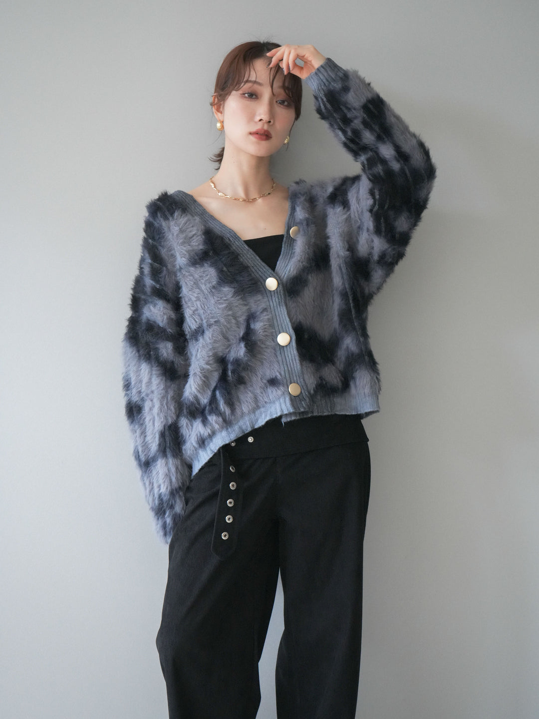[予約]ニュアンス柄シャギーニットカーディガン/gray