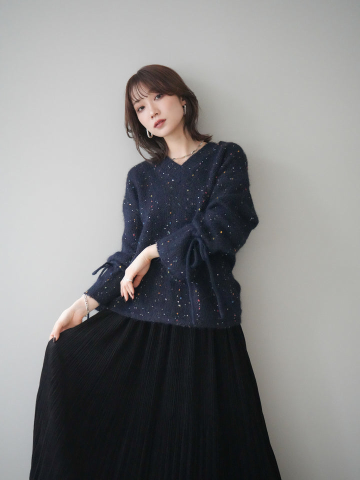 [予約]キャンディースリーブカラーネップスパンコールニットプルオーバー/navy