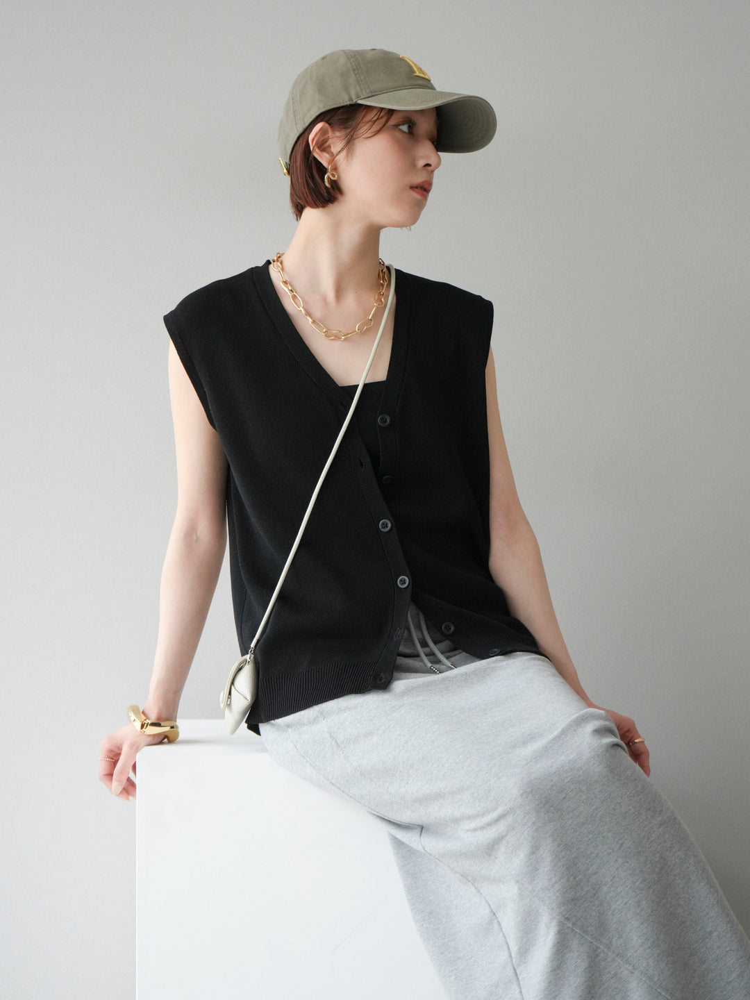 [SET]Vネックレーヨンニットベスト+スウェットロングスカート(2set)