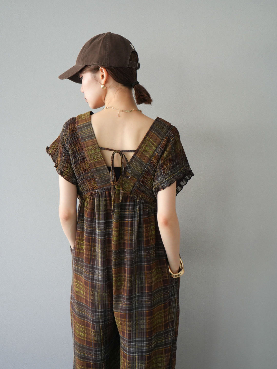 [予約]シアーチェックシャーリングサロペット/ブラウン