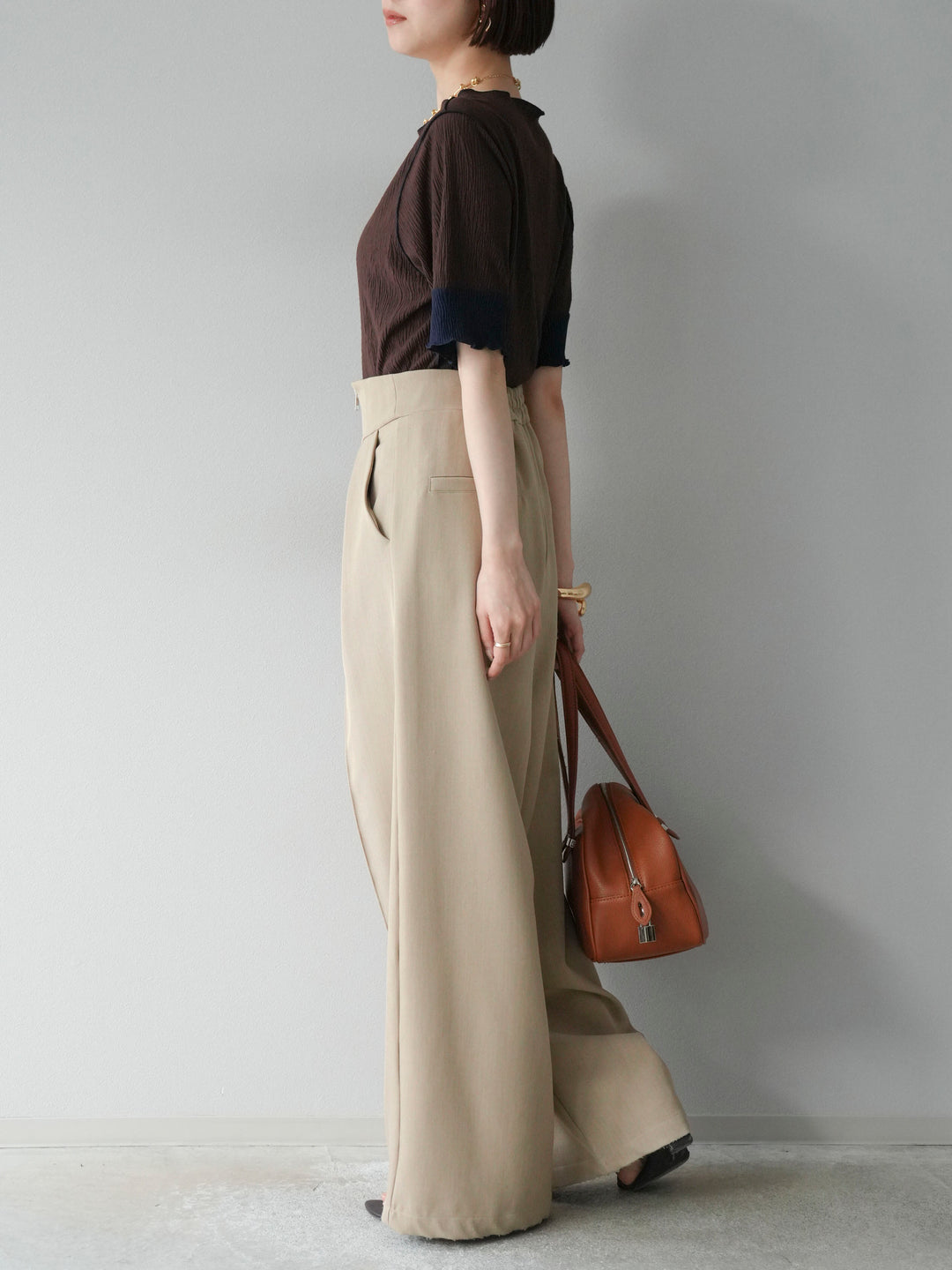 [SET] 百褶同色船領套頭衫 + 拉鍊褶襉寬褲 (2 套)