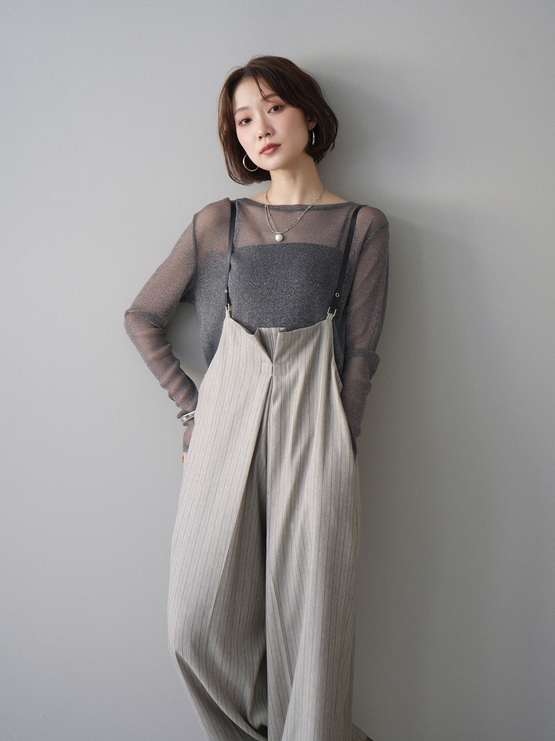 [SET]ヘリンボーンストライプサロペット+選べるアクセセット(2set)