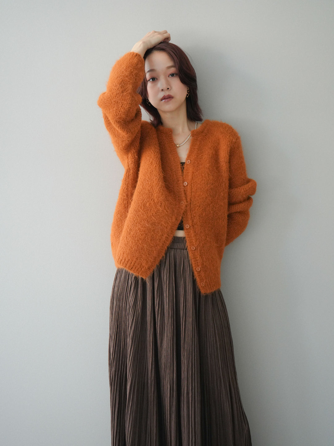 [予約]キーネックシャギーニットカーディガン/camel