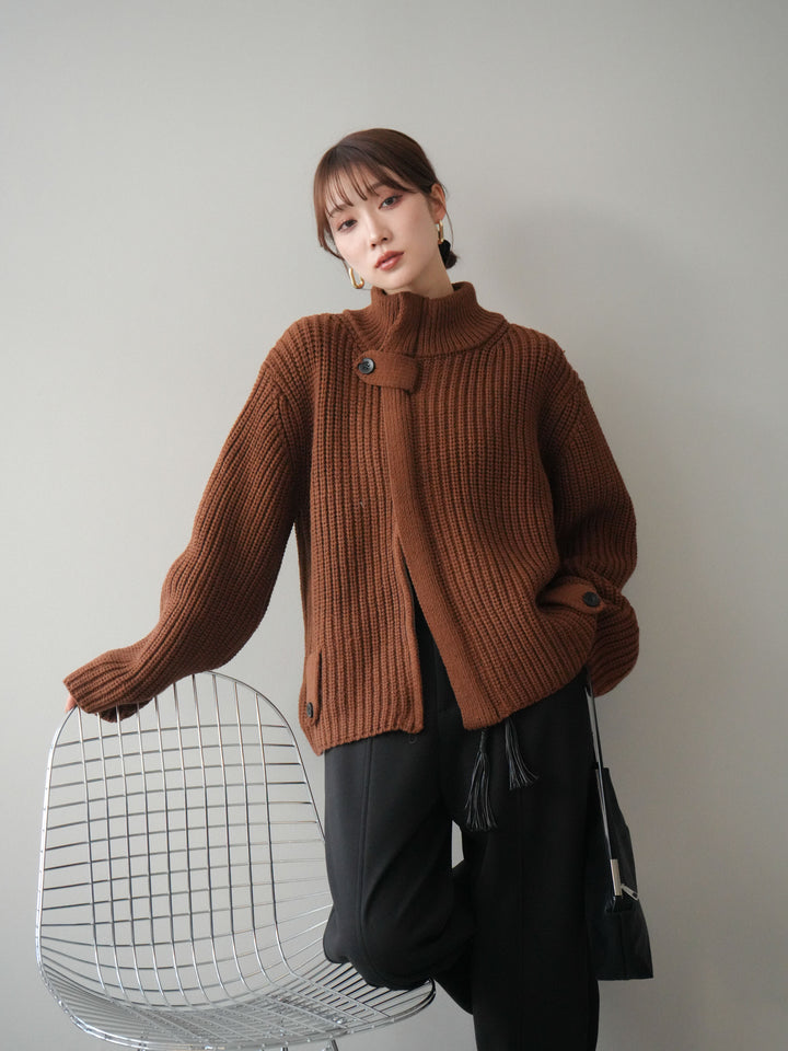 [SET]畦編みボトルネックZIPニットカーディガン+ベルト付裏起毛センターシームカーブパンツ(2set)