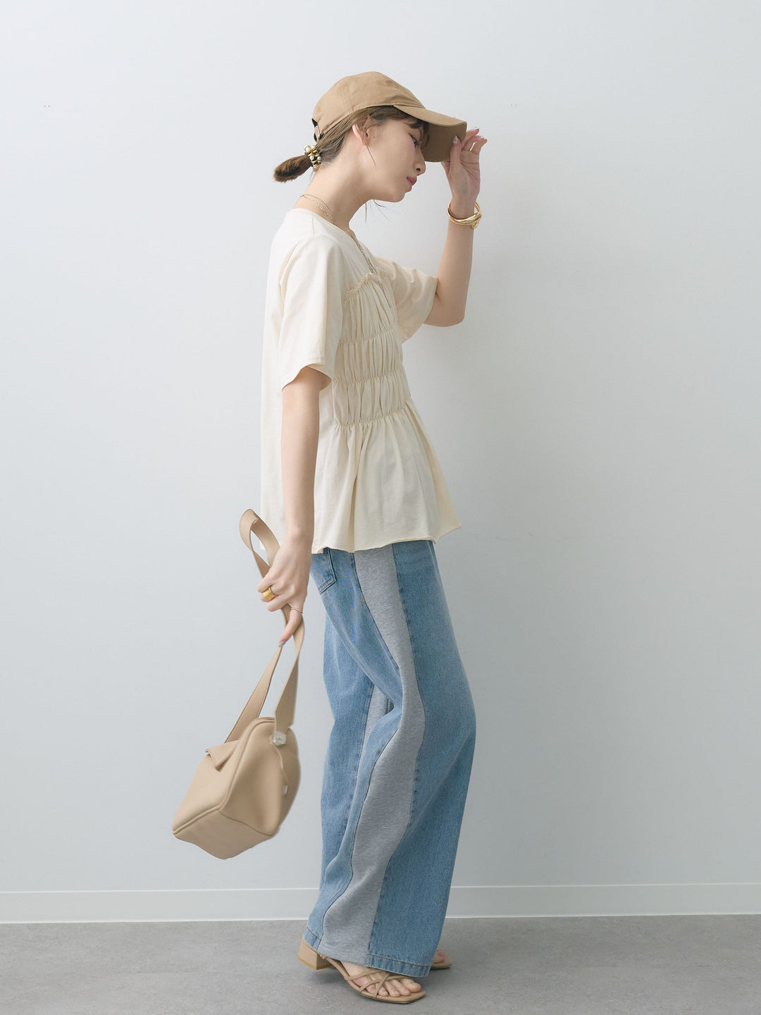 [SET]クールタッチシャーリングTEE+デニム切替スウェットパンツ(2set)