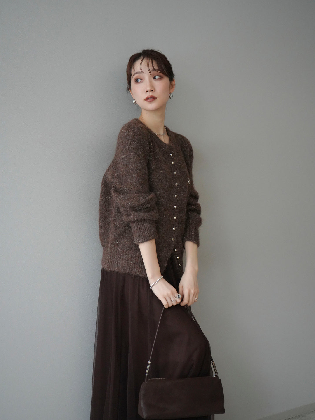 [予約]ブローチ付silverボタンミックスニットカーディガン/brown