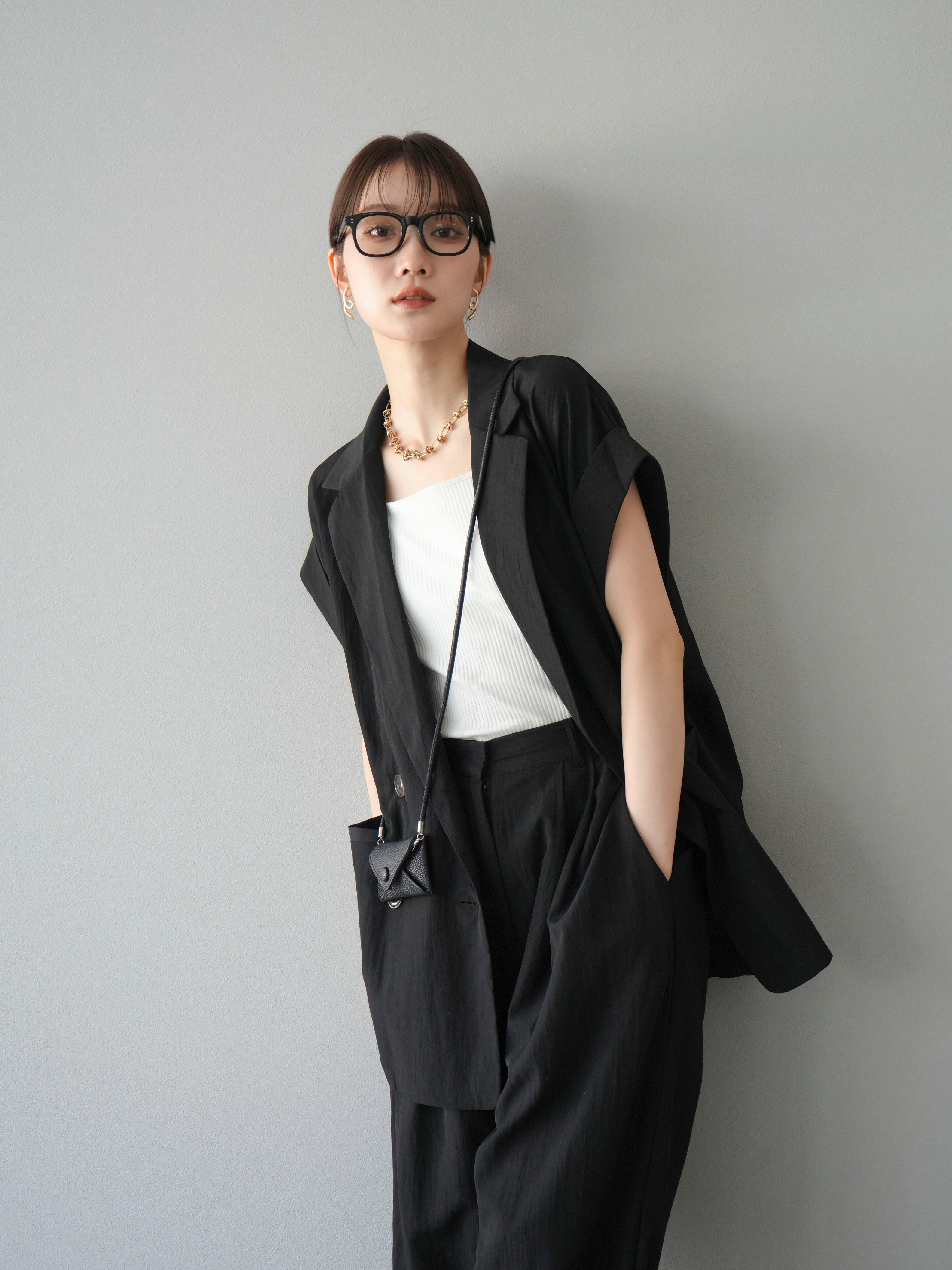 SET]リネンライクノースリーブダブルジレ+リネンライク裾リターン