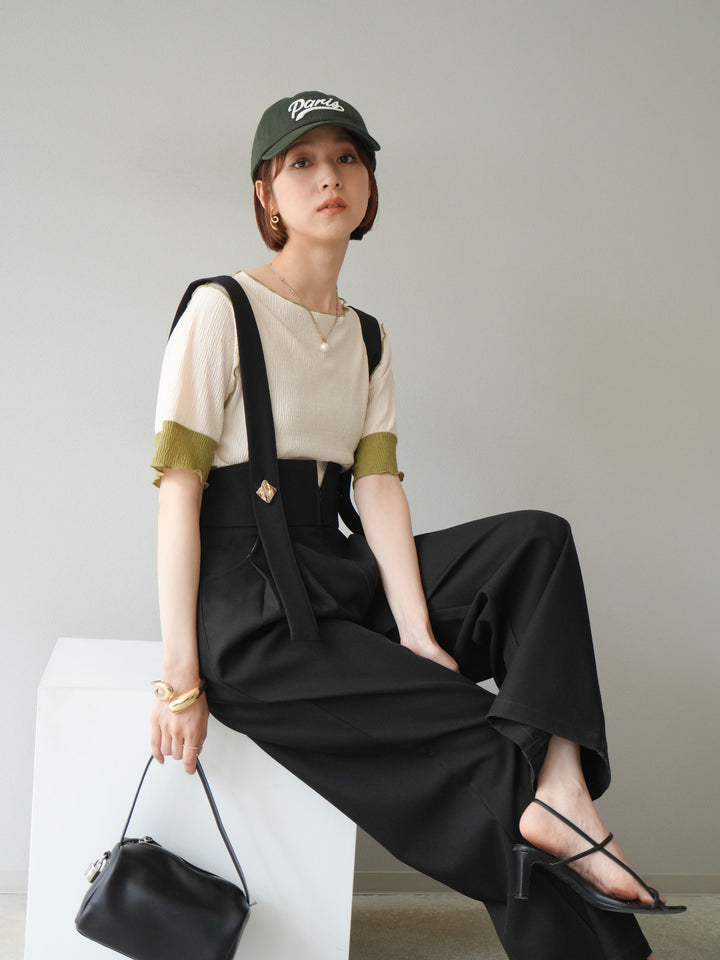 [SET]プリーツ配色ボートネックプルオーバー+ゴールドボタンサスペンダーワイドパンツ(2set)