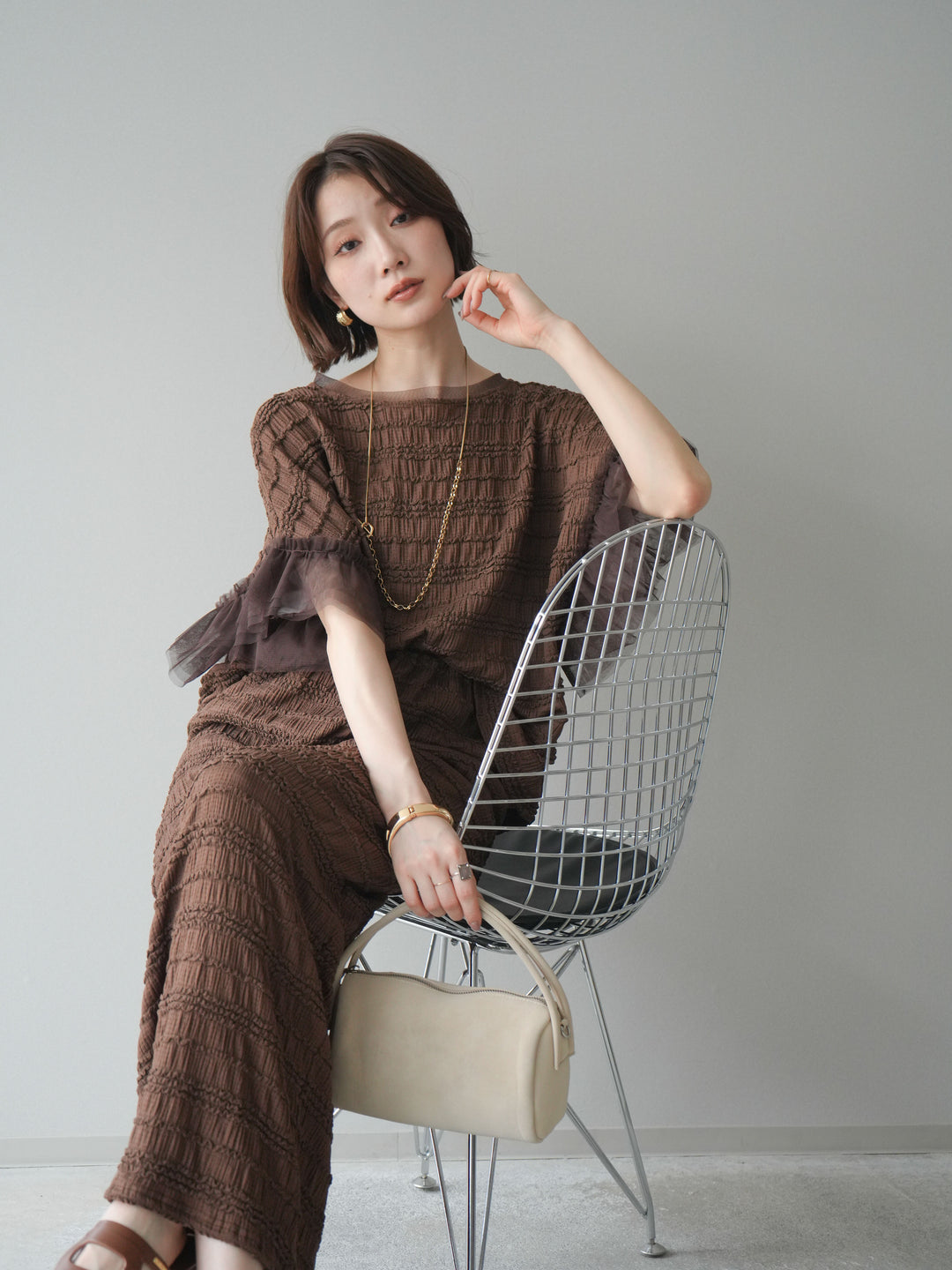 [SET]チュール袖リップルトップス+リップルIラインスカート(2set)