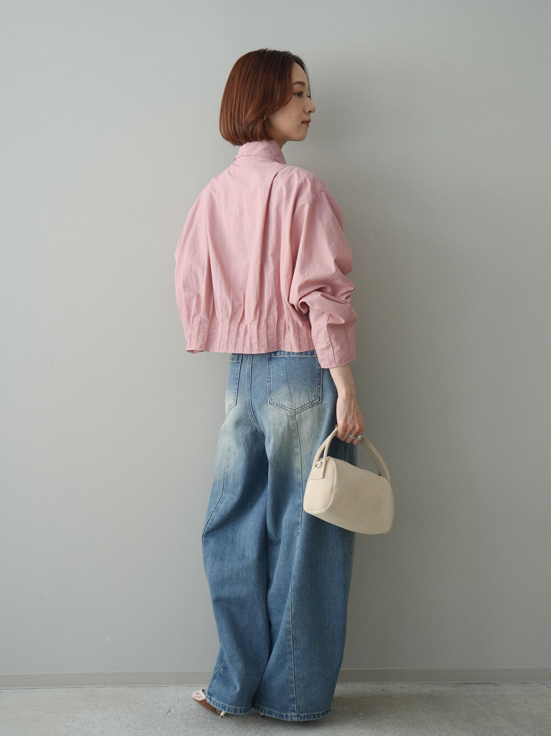 [SET]ボウタイ裾プリーツライトジャケット+フロントビジューカーブデニムパンツ(2set)