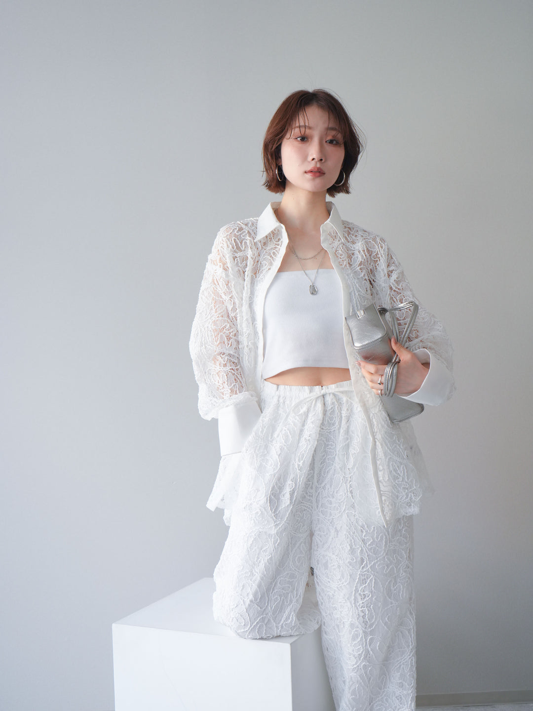 [SET]シアーコードレースオーバーシャツ+シアーコードレースイージーパンツ(2set)