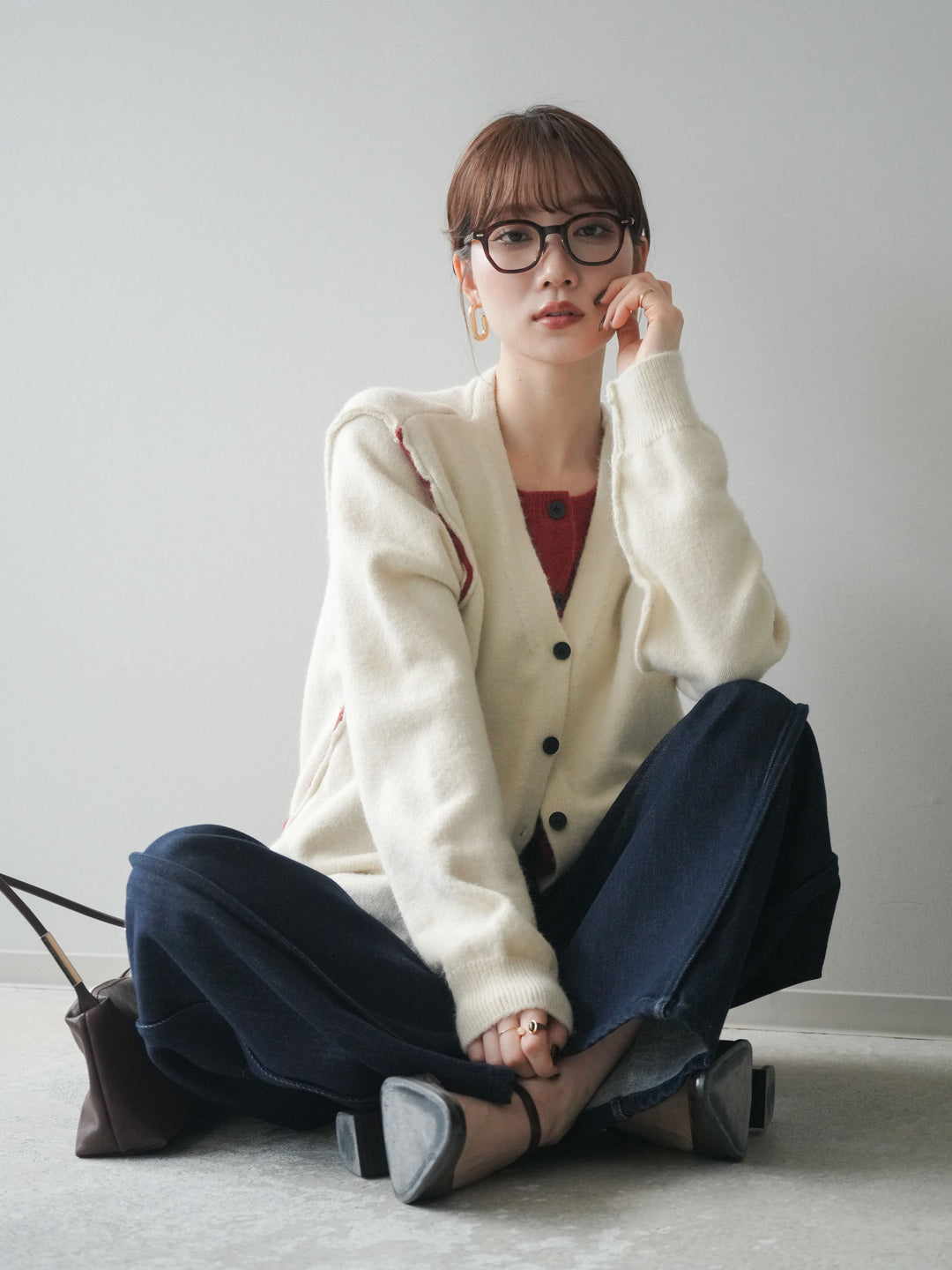 [SET]配色レイヤードニットカーディガン+選べるアクセセット(2set)