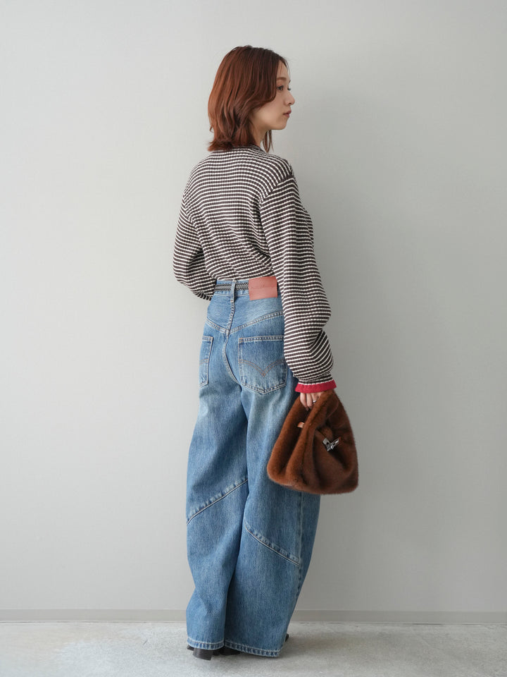 [SET]ラメ異素材ボーダーリブニットプルオーバー+ペインターカーブデニムパンツ(2set)