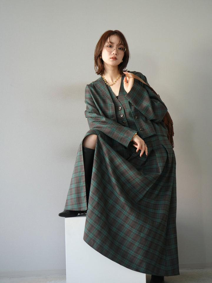 [SET]チェック柄ショートジャケット+チェック柄ベスト+チェック柄タックフレアスカート(3set)