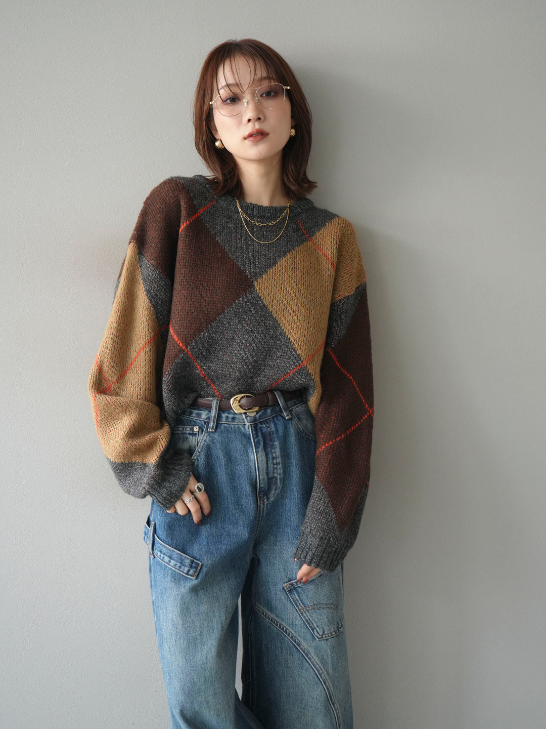 [SET]配色ステッチアーガイル柄ニットプルオーバー+選べるアクセセット(2set)